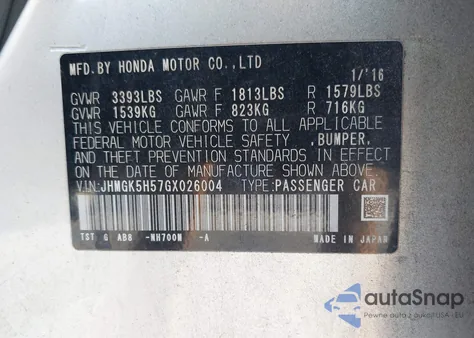 2016 Honda Fit Lx из США, поврежденный, VIN JHMGK5H57GX026004